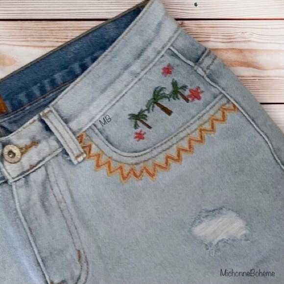 Boho Embroidered Distressed Denim Shorts - Picture 7 of 9